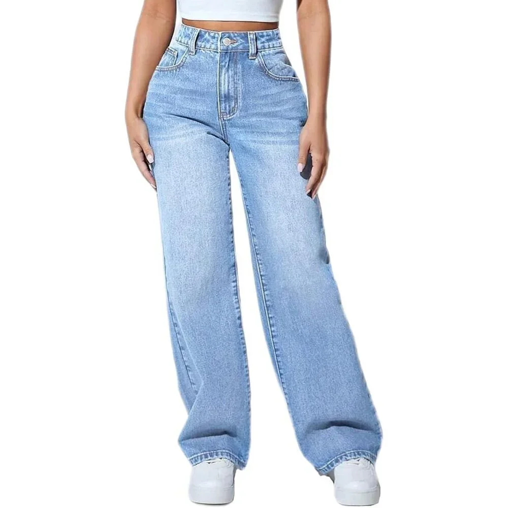 Women’s High Waisted Straight Leg Stretch Denim Jeans Light Blue Large